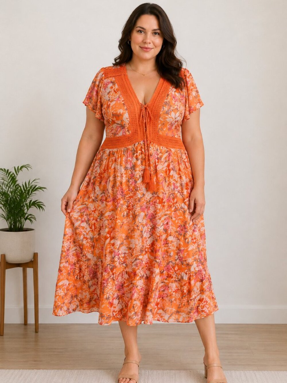 Torrid Women's Size 2 2X/18-20 Coral Floral Boho Midi Dress Flutter Sleeve